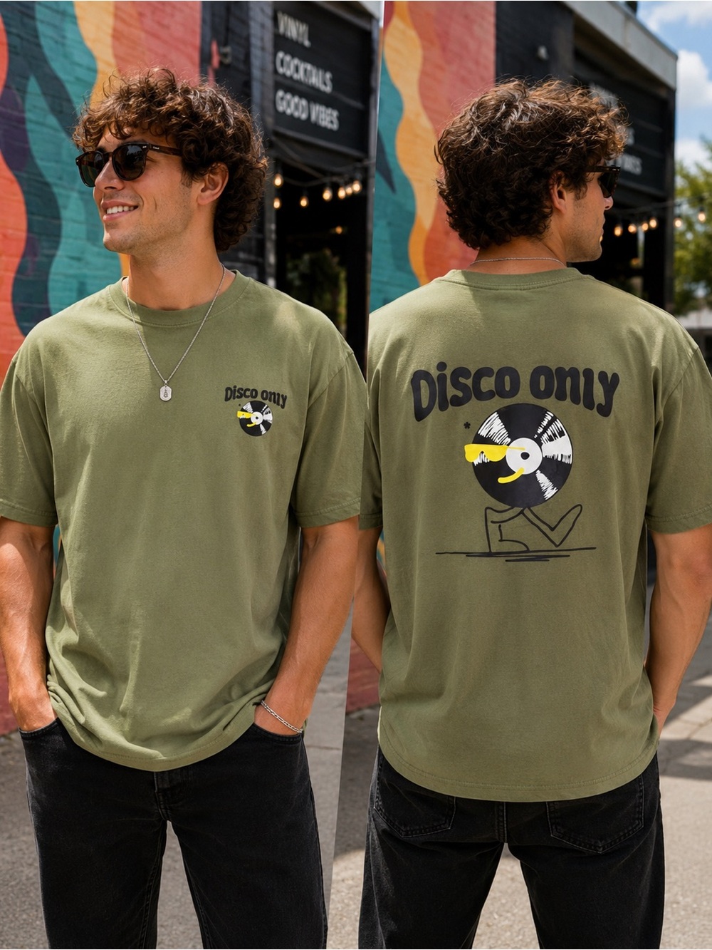 Disco Only Graphic T-Shirt Olive Green Retro Record Tee XXL Streetwear